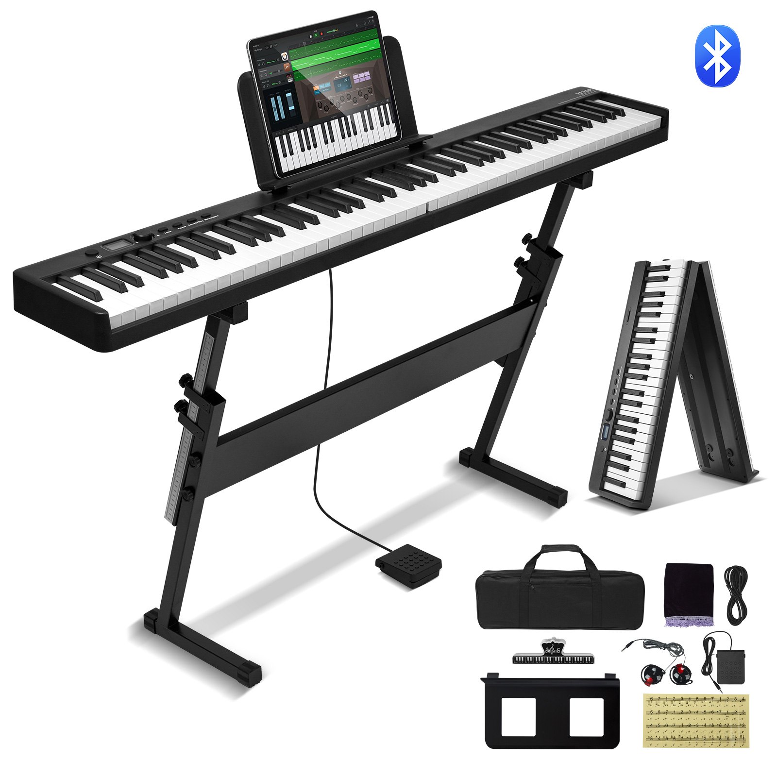 Piano eletrônico digital portátil dobrável VEVOR com 88 teclas, Bluetooth e MIDI, com suporte, pedal de sustain, bolsa, teclas sensíveis ao toque, recarregável, para iniciantes, adolescentes e adultos, preto.