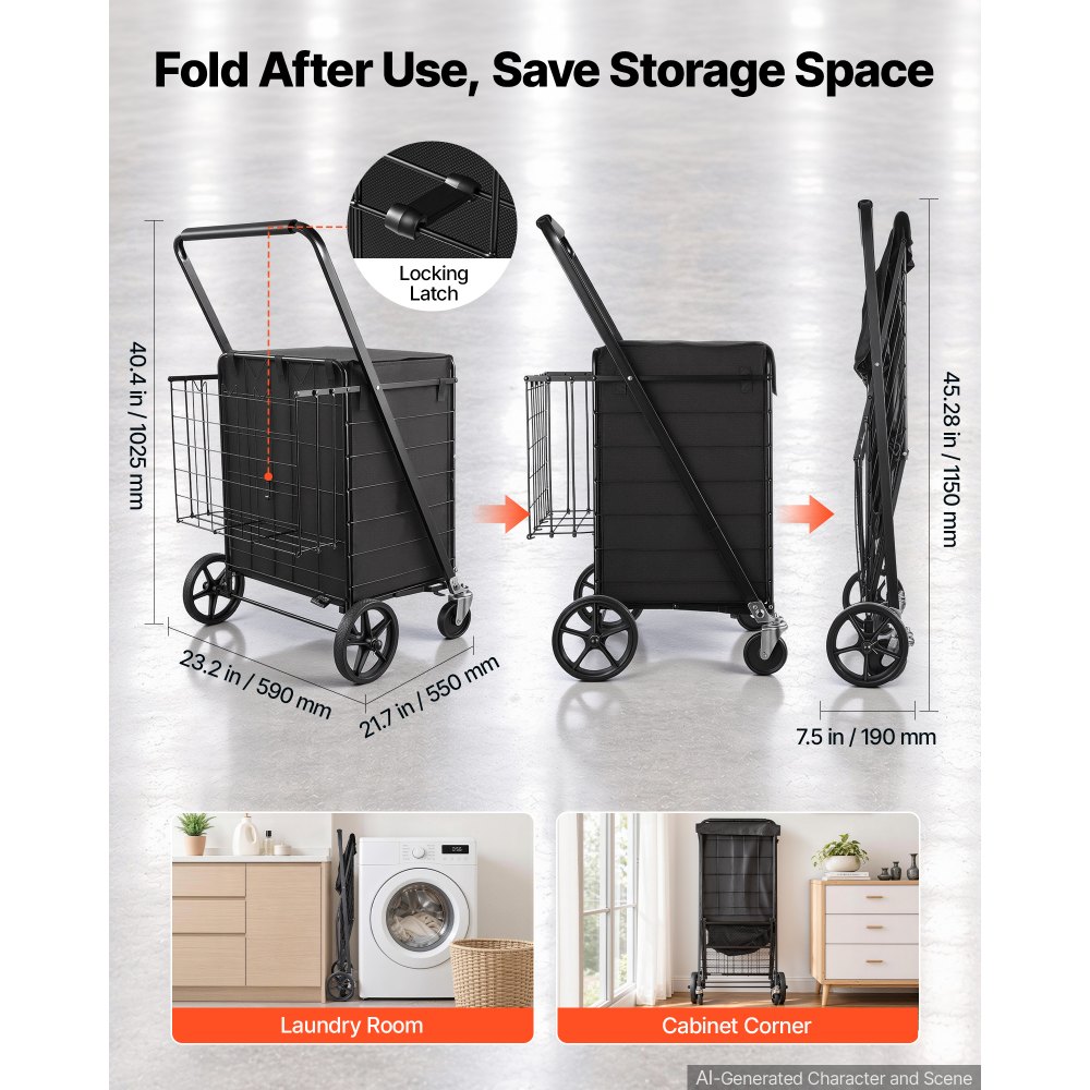 VEVOR Folding Shopping Cart, 92L + 23L Dual-Basket Grocery Utility Cart,100kg Capacity, Steel Rolling Utility Cart with Waterproof Liner & 360° Swivel Wheel for Laundry, Shopping, Camping, Grocery