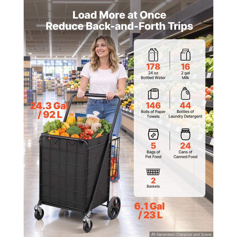VEVOR Folding Shopping Cart, 92L + 23L Dual-Basket Grocery Utility Cart,100kg Capacity, Steel Rolling Utility Cart with Waterproof Liner & 360° Swivel Wheel for Laundry, Shopping, Camping, Grocery