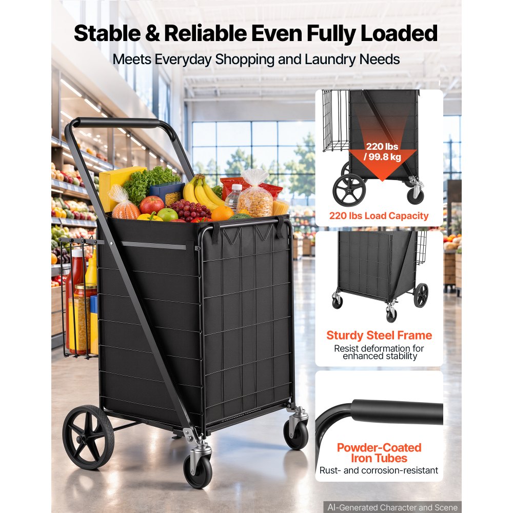 VEVOR Folding Shopping Cart, 92L + 23L Dual-Basket Grocery Utility Cart,100kg Capacity, Steel Rolling Utility Cart with Waterproof Liner & 360° Swivel Wheel for Laundry, Shopping, Camping, Grocery