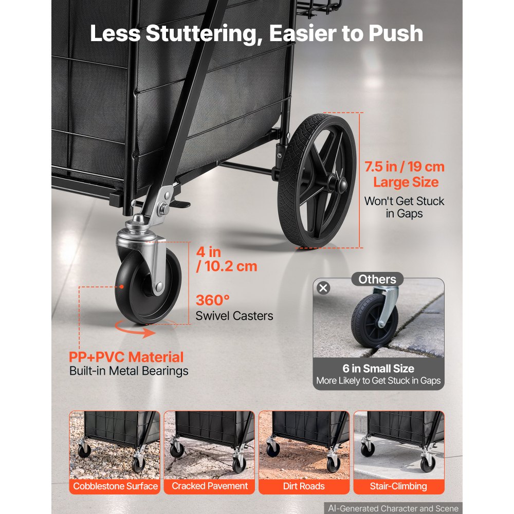 VEVOR Folding Shopping Cart, 92L + 23L Dual-Basket Grocery Utility Cart,100kg Capacity, Steel Rolling Utility Cart with Waterproof Liner & 360° Swivel Wheel for Laundry, Shopping, Camping, Grocery