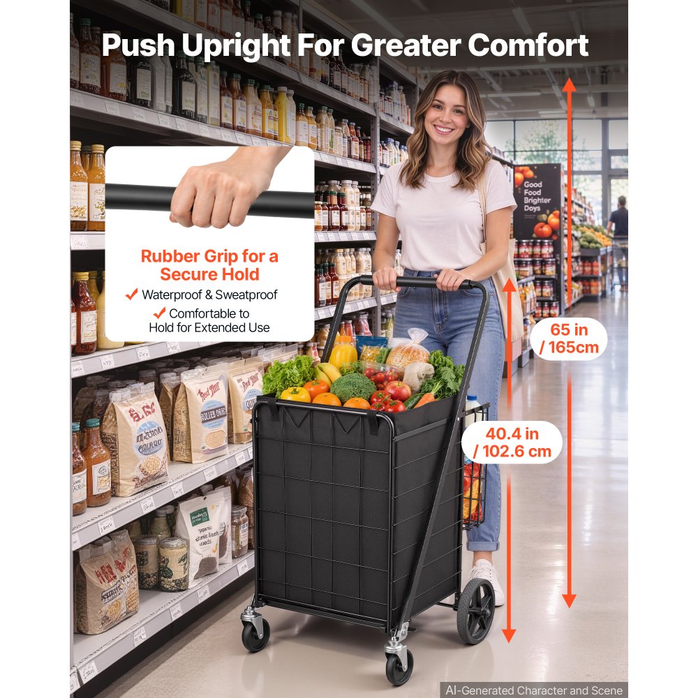 VEVOR Folding Shopping Cart, 92L + 23L Dual-Basket Grocery Utility Cart,100kg Capacity, Steel Rolling Utility Cart with Waterproof Liner & 360° Swivel Wheel for Laundry, Shopping, Camping, Grocery