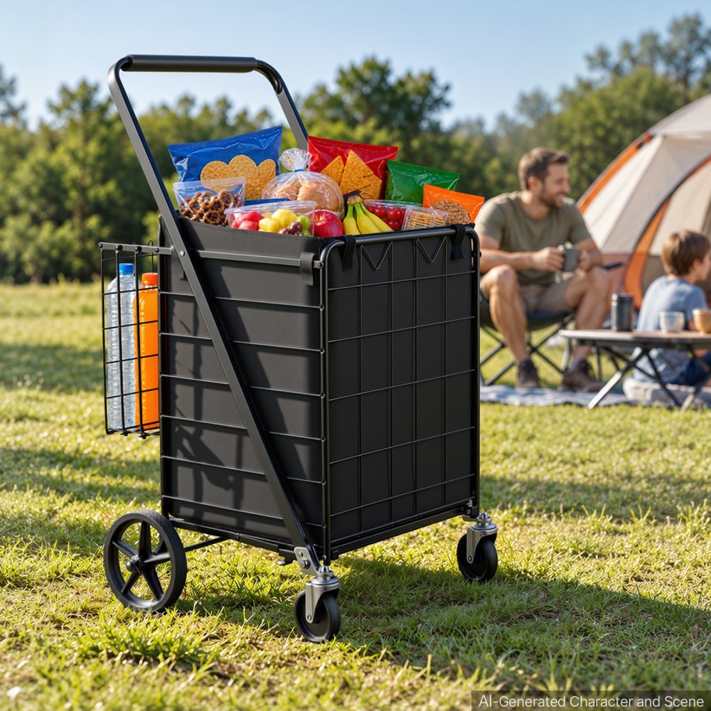 VEVOR Folding Shopping Cart, 92L + 23L Dual-Basket Grocery Utility Cart,100kg Capacity, Steel Rolling Utility Cart with Waterproof Liner & 360° Swivel Wheel for Laundry, Shopping, Camping, Grocery