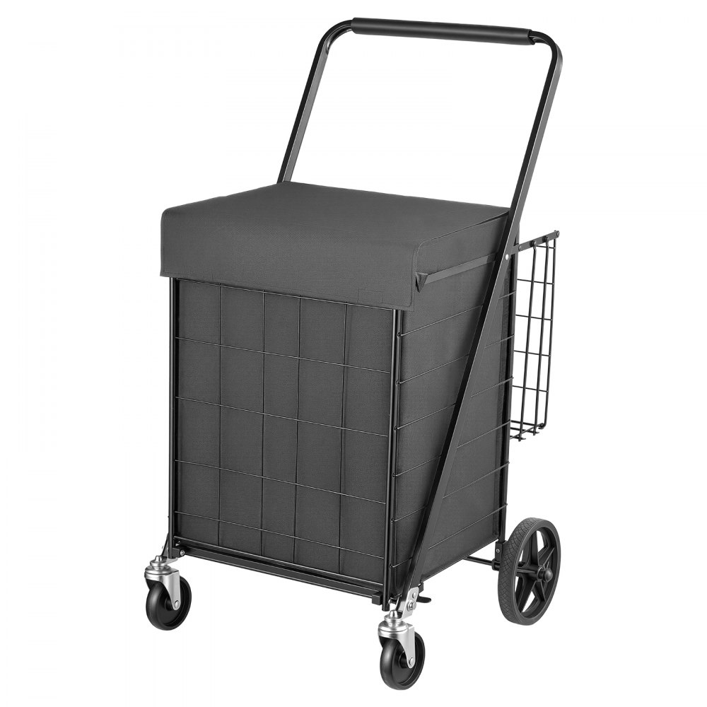 VEVOR Folding Shopping Cart, 92L + 23L Dual-Basket Grocery Utility Cart,100kg Capacity, Steel Rolling Utility Cart with Waterproof Liner & 360° Swivel Wheel for Laundry, Shopping, Camping, Grocery