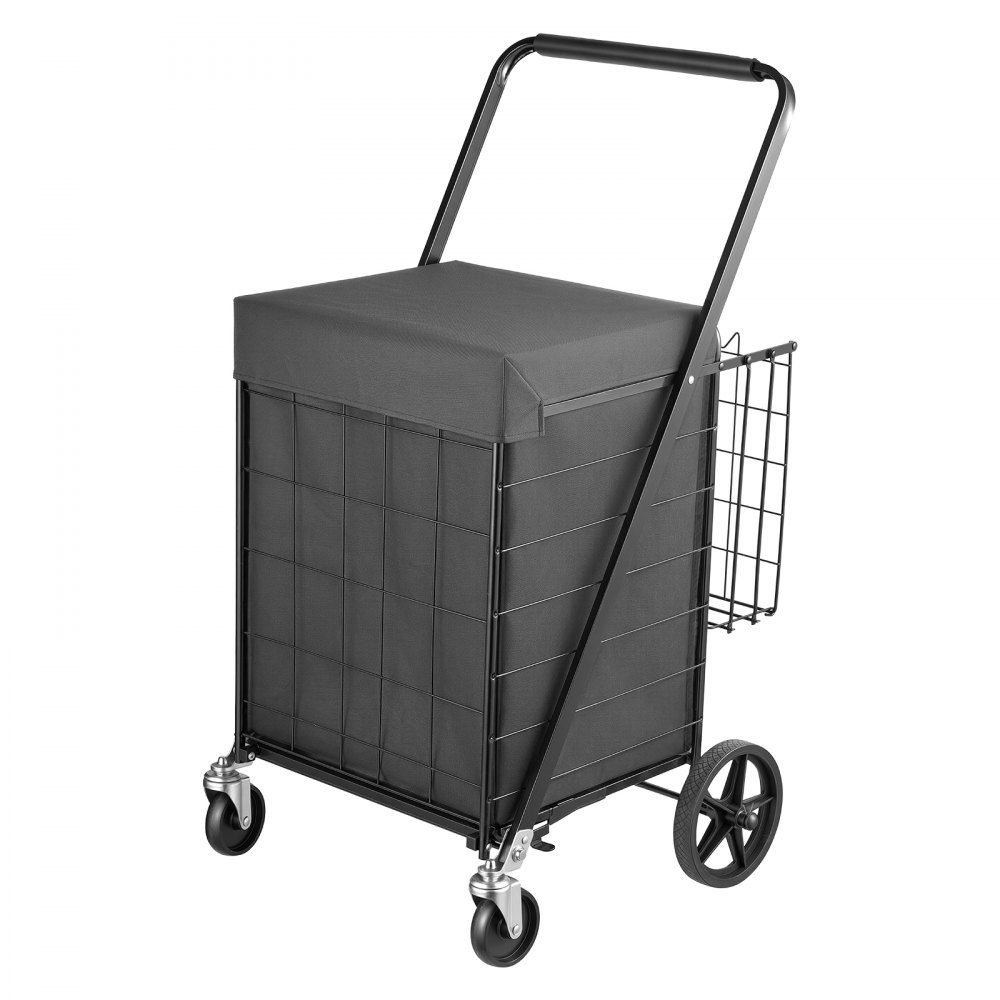 VEVOR Folding Shopping Cart, 92L + 23L Dual-Basket Grocery Utility Cart,100kg Capacity, Steel Rolling Utility Cart with Waterproof Liner & 360° Swivel Wheel for Laundry, Shopping, Camping, Grocery