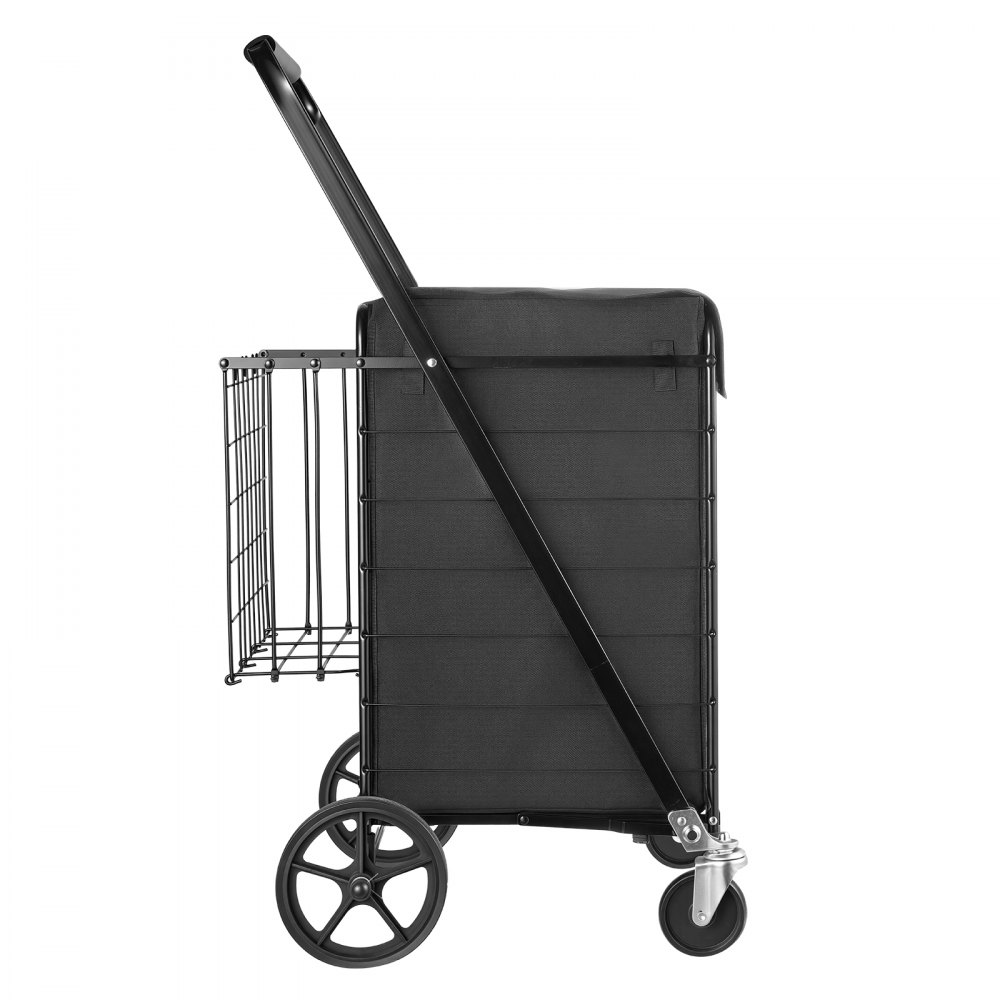 VEVOR Folding Shopping Cart, 92L + 23L Dual-Basket Grocery Utility Cart,100kg Capacity, Steel Rolling Utility Cart with Waterproof Liner & 360° Swivel Wheel for Laundry, Shopping, Camping, Grocery