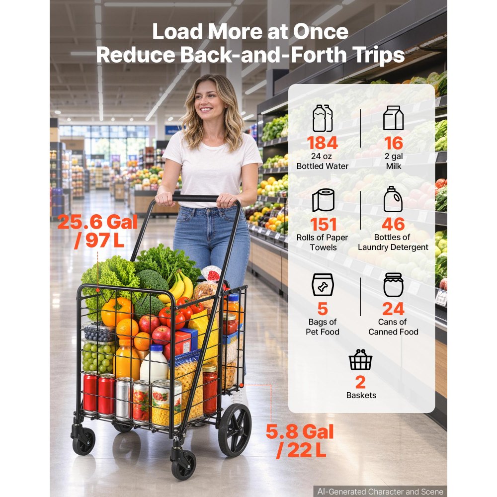 VEVOR Folding Shopping Cart, 97L + 22L Dual-Basket Grocery Utility Cart, 50kg Heavy Duty Capacity, Steel Rolling Utility Cart with 360° Swivel Wheels for Laundry, Shopping, Camping, Groceries