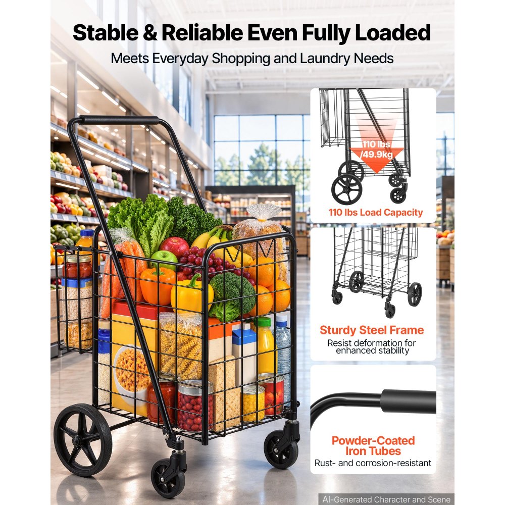 VEVOR Folding Shopping Cart, 97L + 22L Dual-Basket Grocery Utility Cart, 50kg Heavy Duty Capacity, Steel Rolling Utility Cart with 360° Swivel Wheels for Laundry, Shopping, Camping, Groceries