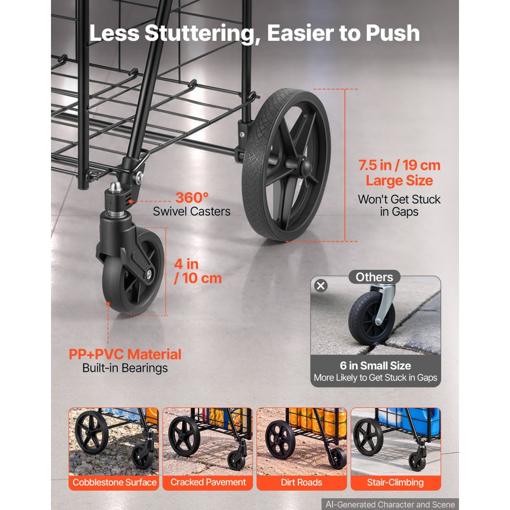 VEVOR Folding Shopping Cart, 97L + 22L Dual-Basket Grocery Utility Cart, 50kg Heavy Duty Capacity, Steel Rolling Utility Cart with 360° Swivel Wheels for Laundry, Shopping, Camping, Groceries