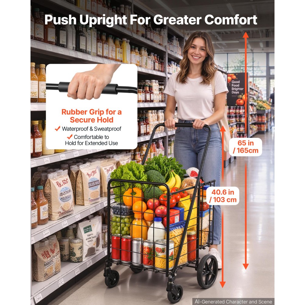 VEVOR Folding Shopping Cart, 97L + 22L Dual-Basket Grocery Utility Cart, 50kg Heavy Duty Capacity, Steel Rolling Utility Cart with 360° Swivel Wheels for Laundry, Shopping, Camping, Groceries