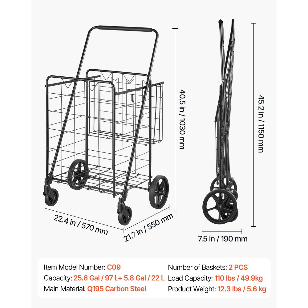 VEVOR Folding Shopping Cart, 97L + 22L Dual-Basket Grocery Utility Cart, 50kg Heavy Duty Capacity, Steel Rolling Utility Cart with 360° Swivel Wheels for Laundry, Shopping, Camping, Groceries