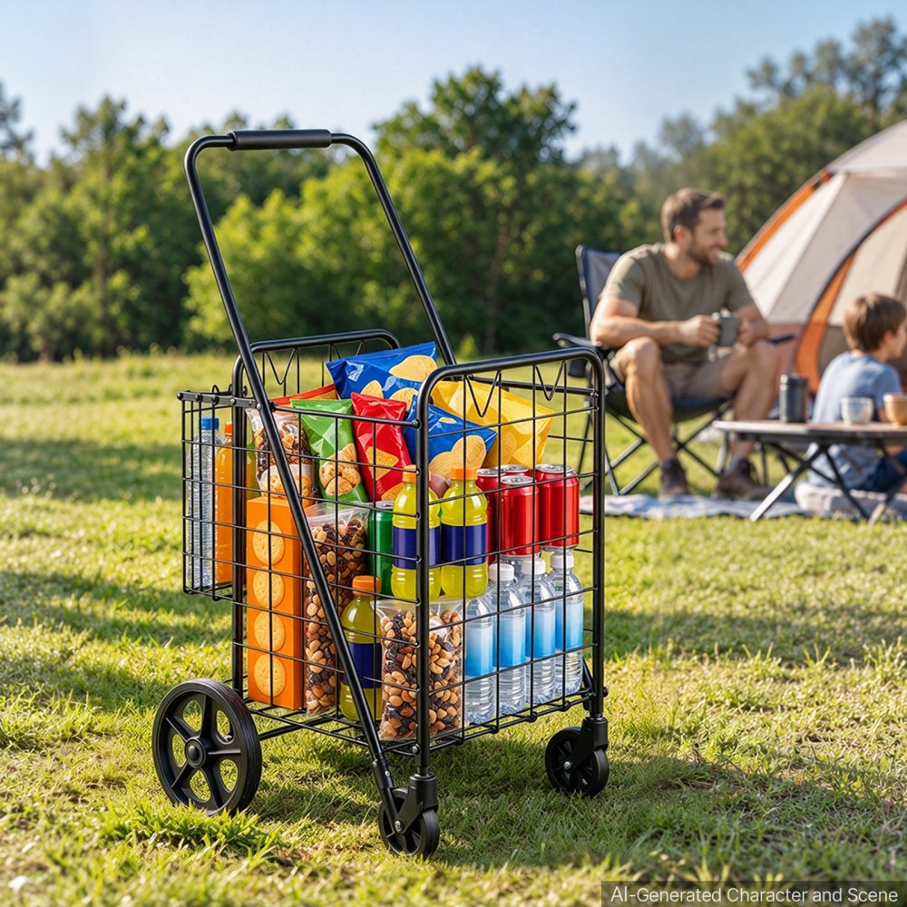 VEVOR Folding Shopping Cart, 97L + 22L Dual-Basket Grocery Utility Cart, 50kg Heavy Duty Capacity, Steel Rolling Utility Cart with 360° Swivel Wheels for Laundry, Shopping, Camping, Groceries