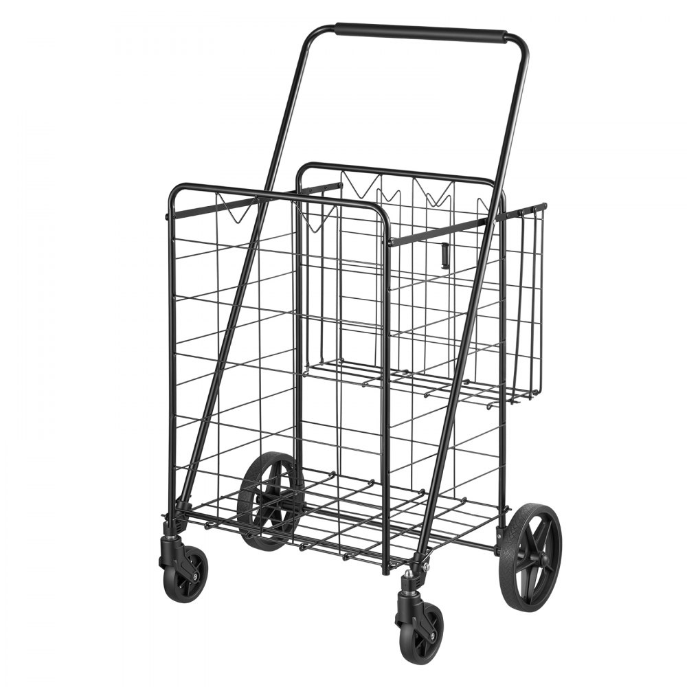 VEVOR Folding Shopping Cart, 97L + 22L Dual-Basket Grocery Utility Cart, 50kg Heavy Duty Capacity, Steel Rolling Utility Cart with 360° Swivel Wheels for Laundry, Shopping, Camping, Groceries