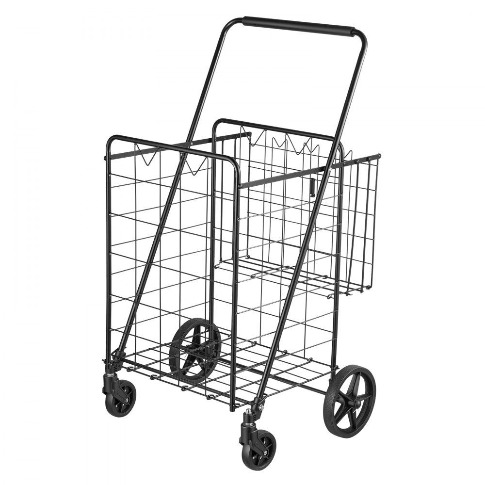 VEVOR Folding Shopping Cart, 97L + 22L Dual-Basket Grocery Utility Cart, 50kg Heavy Duty Capacity, Steel Rolling Utility Cart with 360° Swivel Wheels for Laundry, Shopping, Camping, Groceries