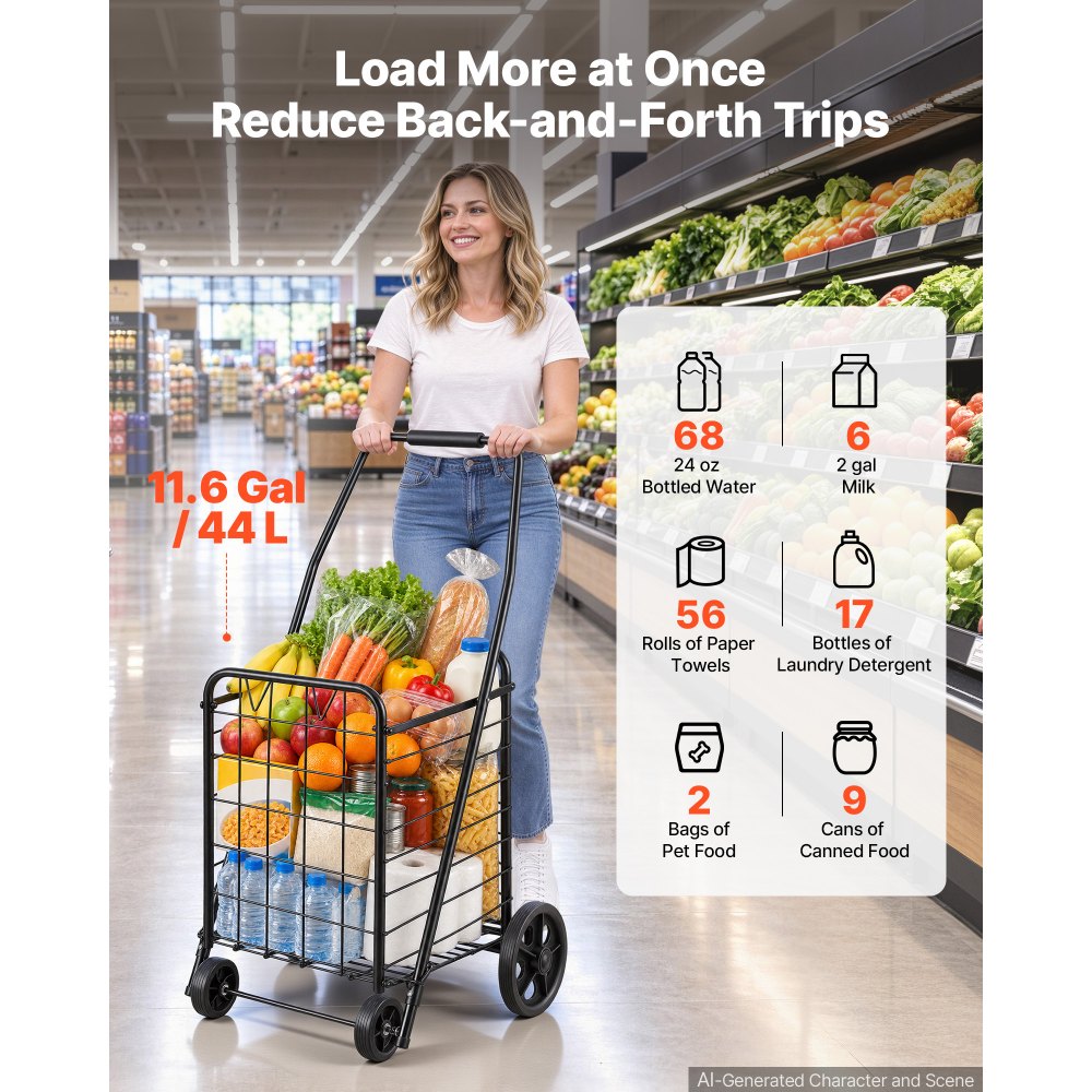 VEVOR Folding Shopping Cart, 44L Grocery Utility Cart on 4 Wheels, 40.8kg Load Capacity, Heavy Duty Rolling Collapsible Basket Cart for Laundry, Shopping, Camping, Grocery, Luggage - Black