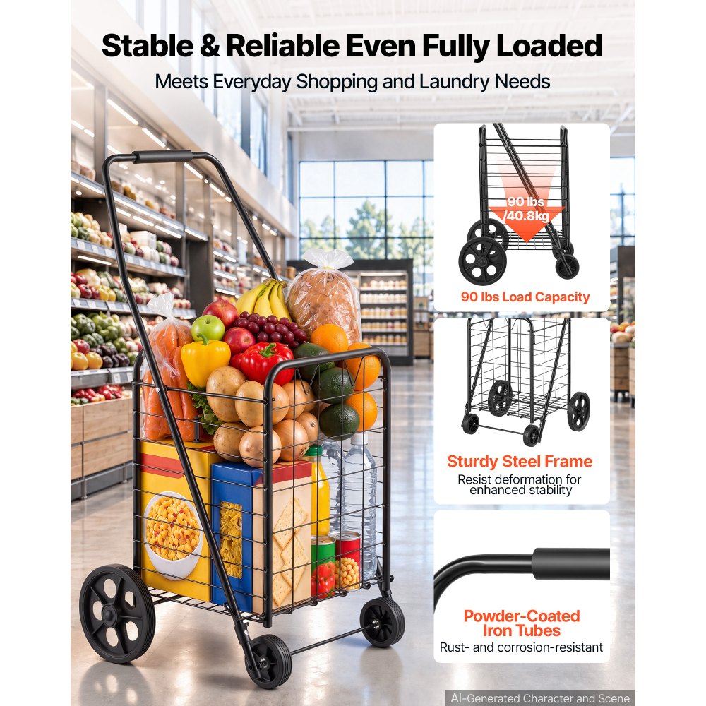 VEVOR Folding Shopping Cart, 44L Grocery Utility Cart on 4 Wheels, 40.8kg Load Capacity, Heavy Duty Rolling Collapsible Basket Cart for Laundry, Shopping, Camping, Grocery, Luggage - Black