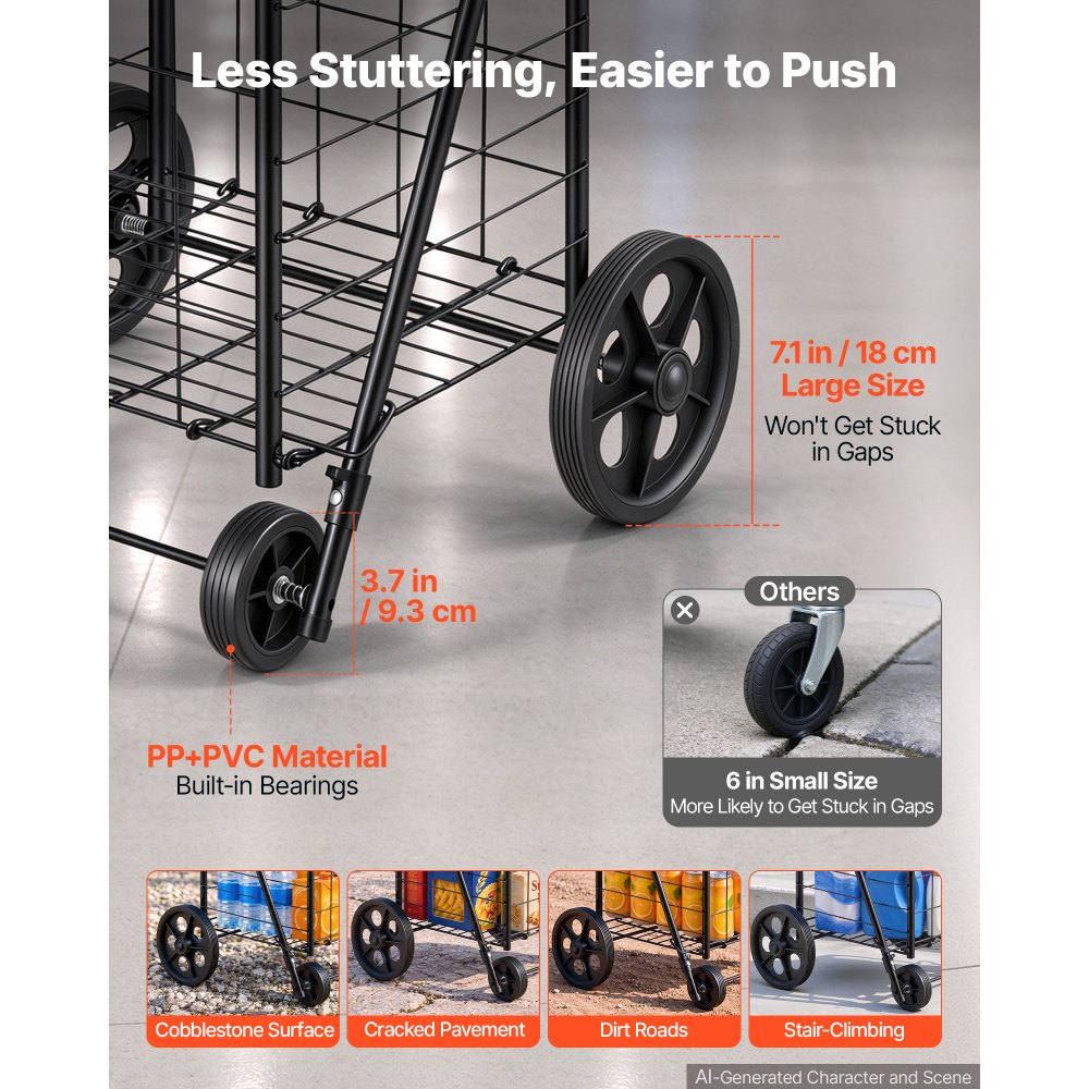 VEVOR Folding Shopping Cart, 44L Grocery Utility Cart on 4 Wheels, 40.8kg Load Capacity, Heavy Duty Rolling Collapsible Basket Cart for Laundry, Shopping, Camping, Grocery, Luggage - Black