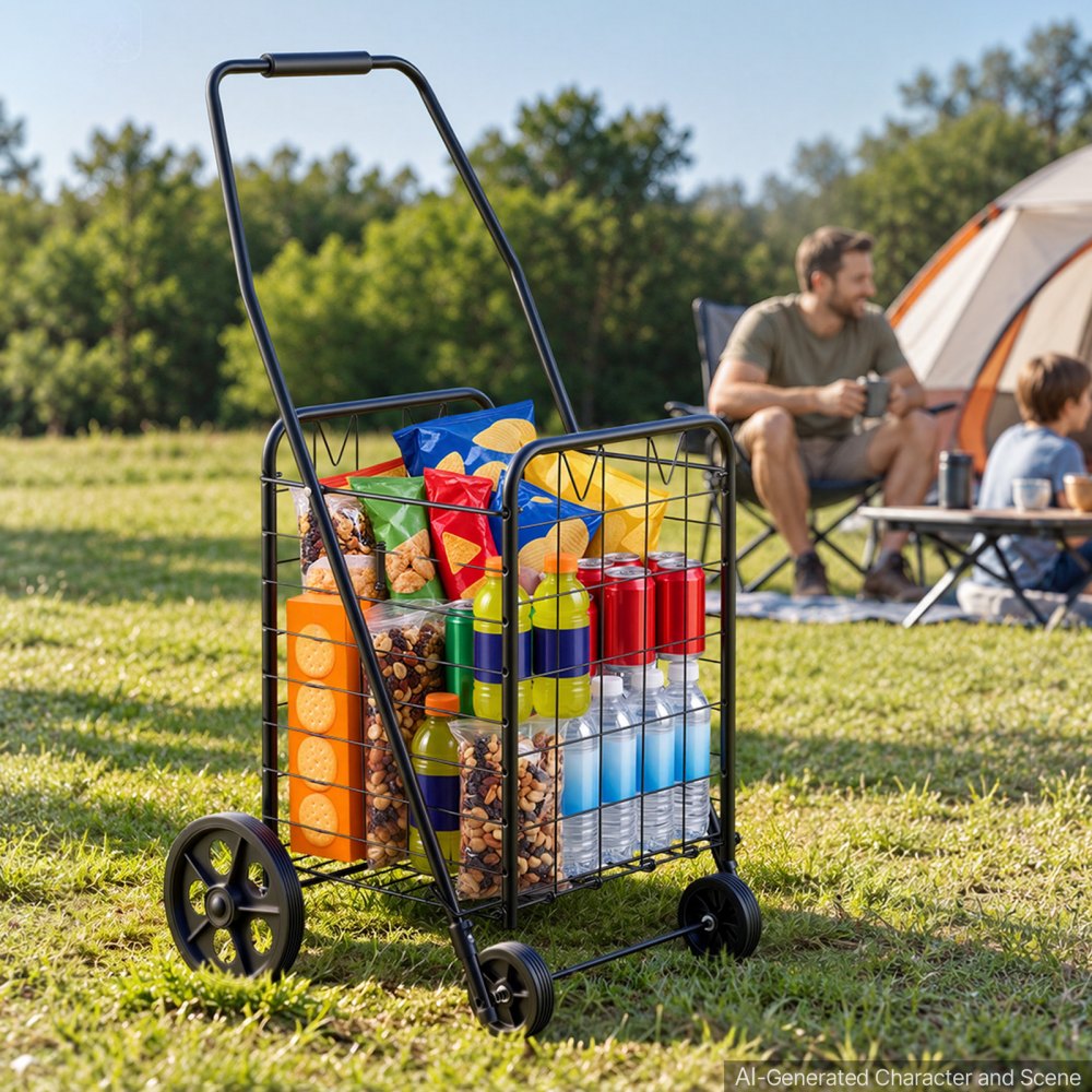 VEVOR Folding Shopping Cart, 44L Grocery Utility Cart on 4 Wheels, 40.8kg Load Capacity, Heavy Duty Rolling Collapsible Basket Cart for Laundry, Shopping, Camping, Grocery, Luggage - Black