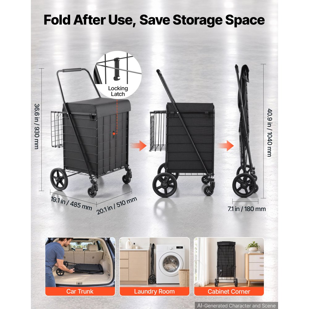 VEVOR Folding Shopping Cart, 67L + 13L Dual-Basket Grocery Cart, 45.4kg Capacity, Steel Rolling Utility Cart with Waterproof Liner & 360° Swivel Wheel for Laundry, Shopping, Camping, Grocery