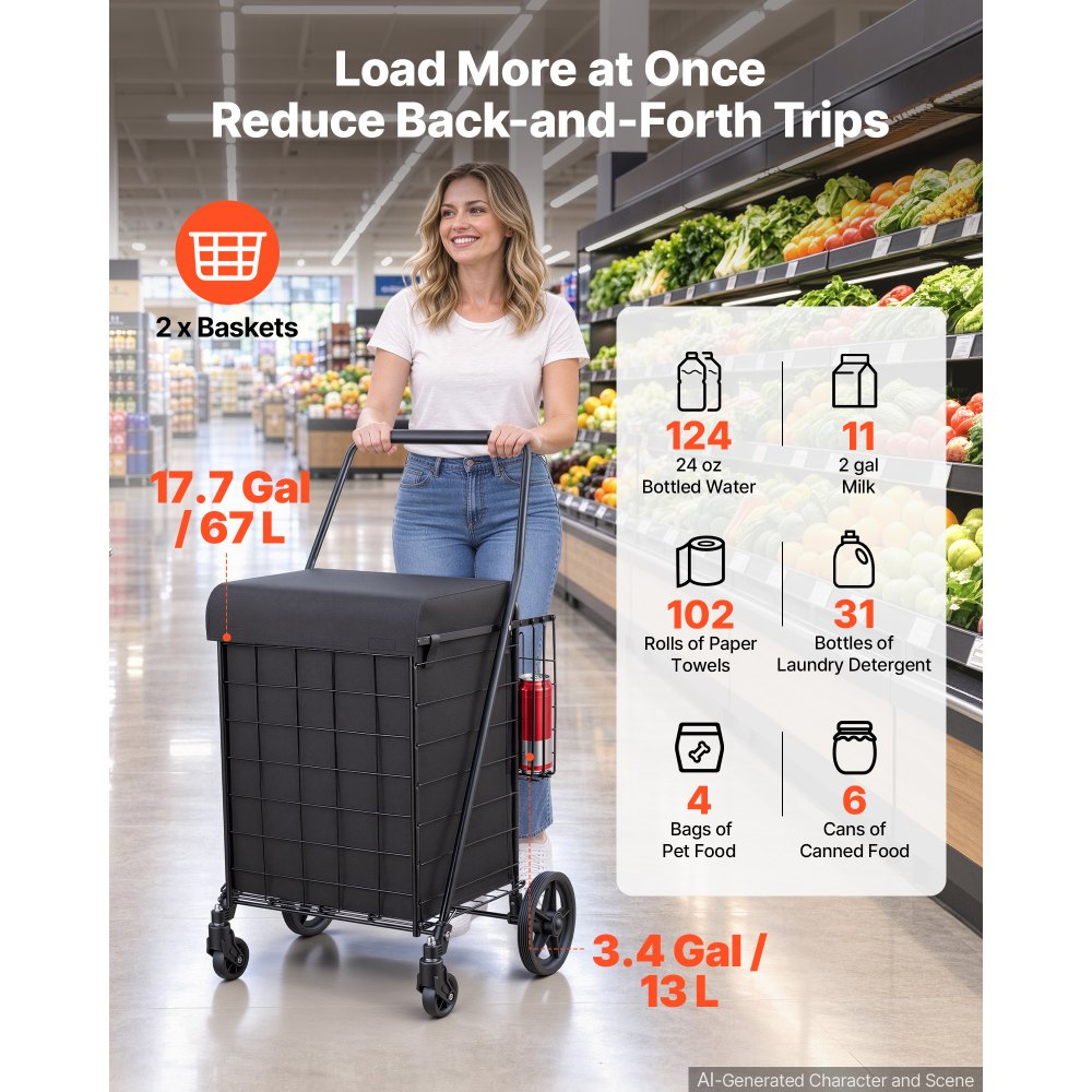 VEVOR Folding Shopping Cart, 67L + 13L Dual-Basket Grocery Cart, 45.4kg Capacity, Steel Rolling Utility Cart with Waterproof Liner & 360° Swivel Wheel for Laundry, Shopping, Camping, Grocery