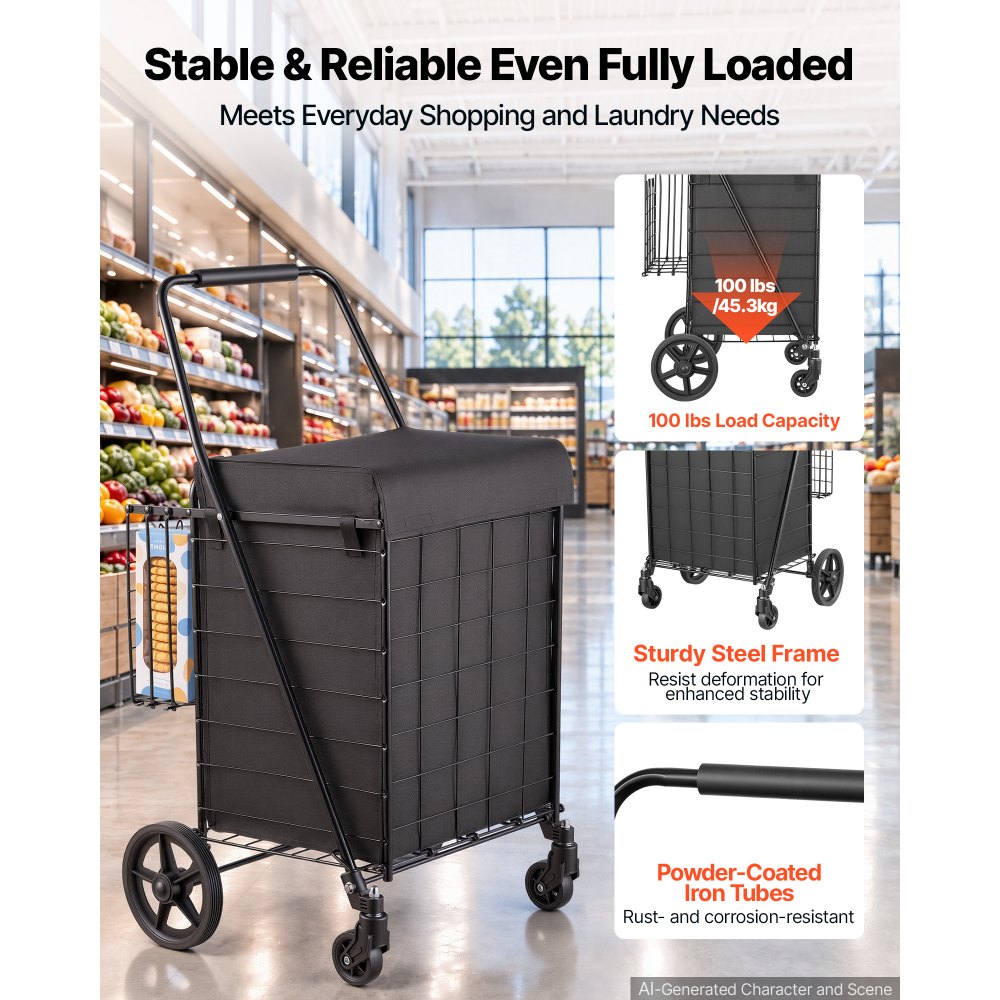 VEVOR Folding Shopping Cart, 67L + 13L Dual-Basket Grocery Cart, 45.4kg Capacity, Steel Rolling Utility Cart with Waterproof Liner & 360° Swivel Wheel for Laundry, Shopping, Camping, Grocery