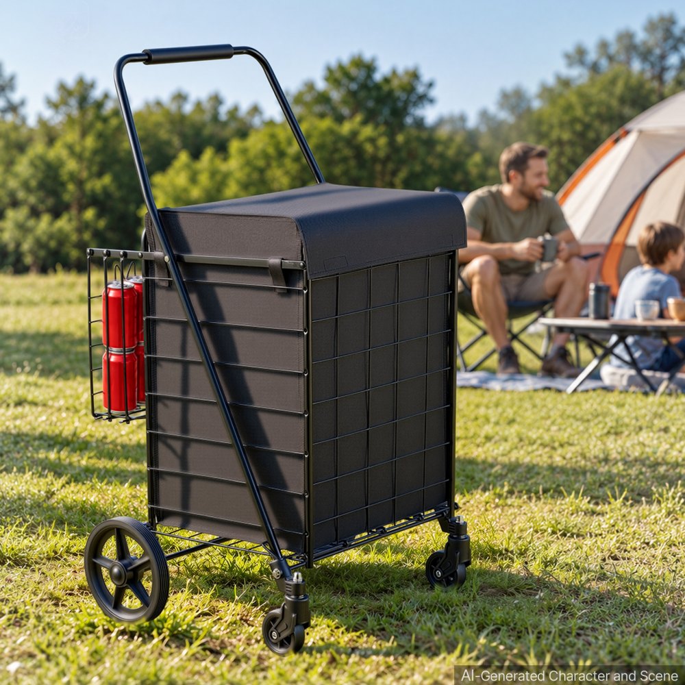VEVOR Folding Shopping Cart, 67L + 13L Dual-Basket Grocery Cart, 45.4kg Capacity, Steel Rolling Utility Cart with Waterproof Liner & 360° Swivel Wheel for Laundry, Shopping, Camping, Grocery
