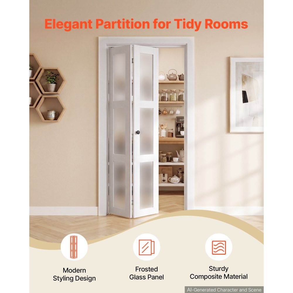 VEVOR Bifold Closet Doors 2-Panel, 30" (Double 15") x 80", 3-Lite Frosted Glass Bifold Barn Door with Metal Hardware Kit & Sturdy Composite Frame, Modern Stylish & Space-Saving for Closets Bedrooms