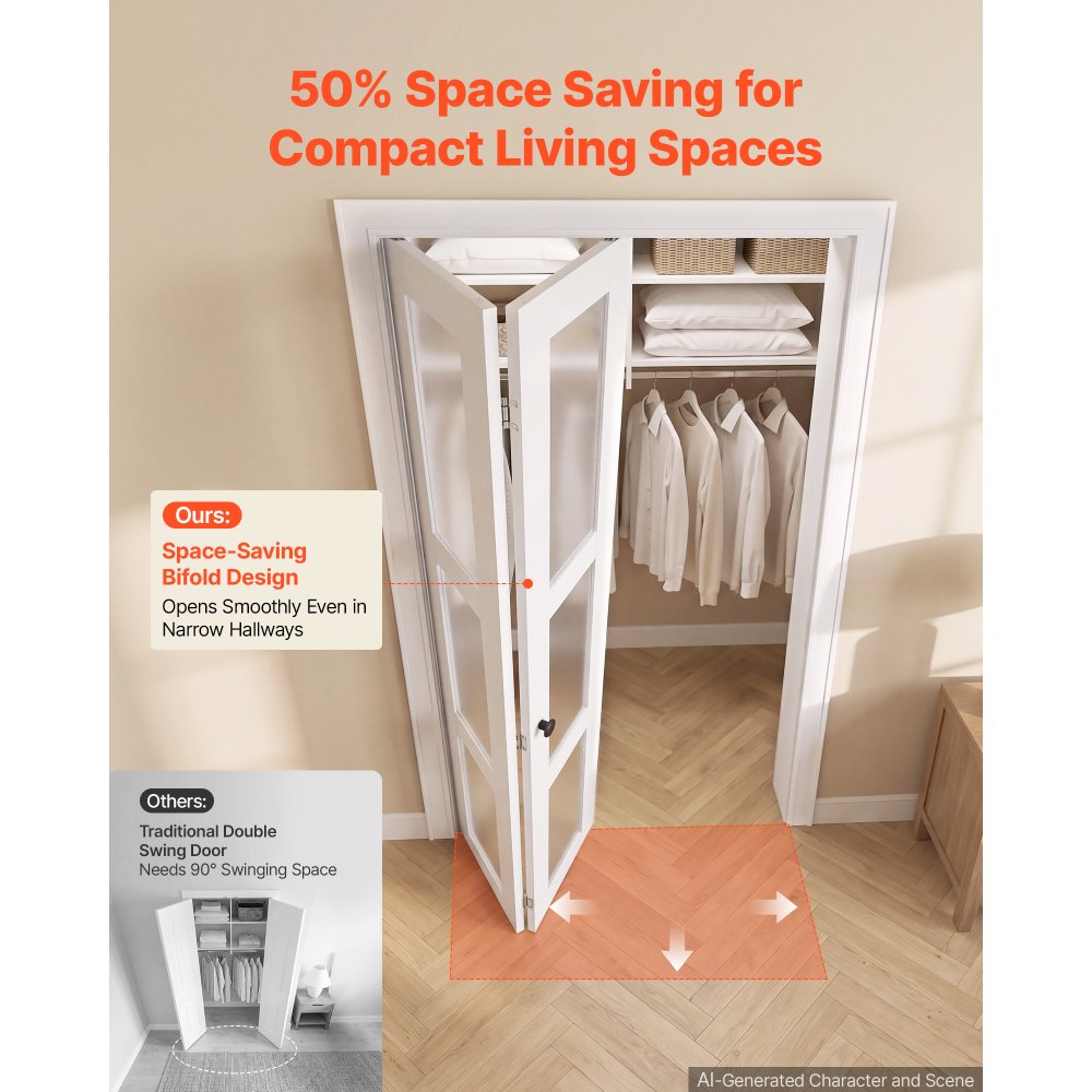 VEVOR Bifold Closet Doors 2-Panel, 30" (Double 15") x 80", 3-Lite Frosted Glass Bifold Barn Door with Metal Hardware Kit & Sturdy Composite Frame, Modern Stylish & Space-Saving for Closets Bedrooms