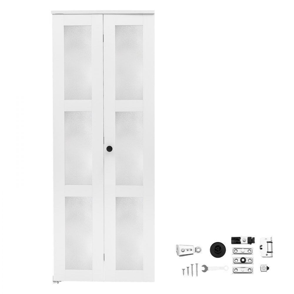 VEVOR Bifold Closet Doors 2-Panel, 30" (Double 15") x 80", 3-Lite Frosted Glass Bifold Barn Door with Metal Hardware Kit & Sturdy Composite Frame, Modern Stylish & Space-Saving for Closets Bedrooms