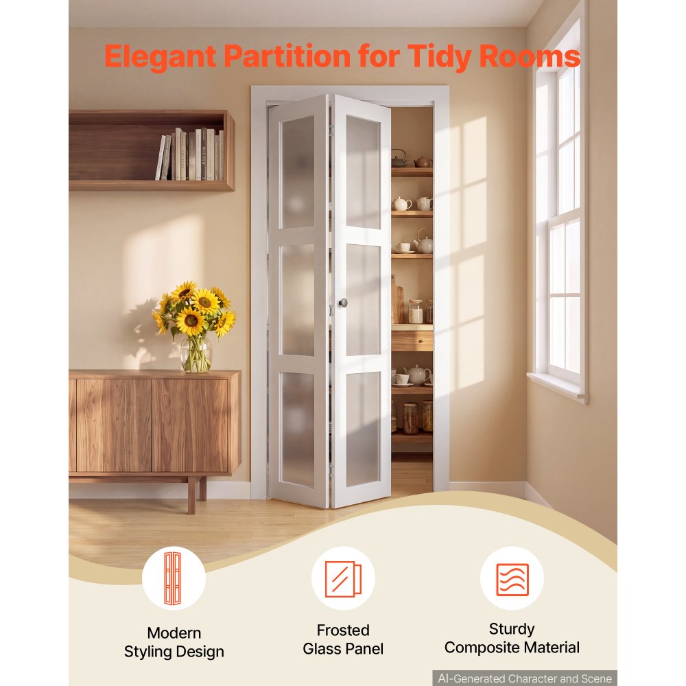 VEVOR Bifold Closet Doors 2-Panel, 36" (Double 18") x 80", 3-Lite Frosted Glass Bifold Barn Door with Metal Hardware Kit & Sturdy Composite Frame, Modern Stylish & Space-Saving for Closets Bedrooms
