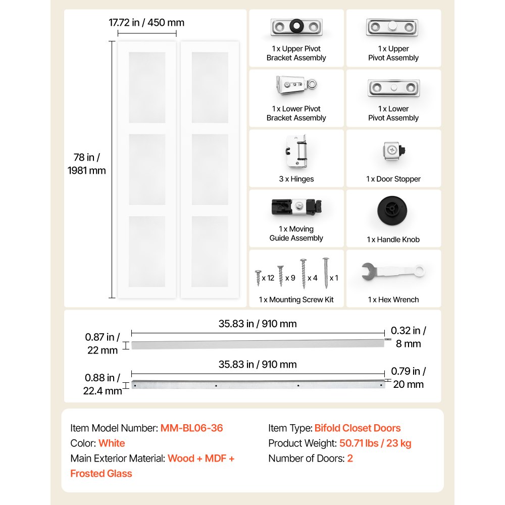 VEVOR Bifold Closet Doors 2-Panel, 36" (Double 18") x 80", 3-Lite Frosted Glass Bifold Barn Door with Metal Hardware Kit & Sturdy Composite Frame, Modern Stylish & Space-Saving for Closets Bedrooms