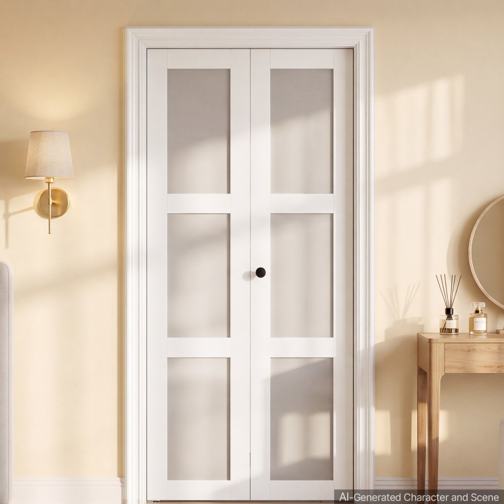 VEVOR Bifold Closet Doors 2-Panel, 36" (Double 18") x 80", 3-Lite Frosted Glass Bifold Barn Door with Metal Hardware Kit & Sturdy Composite Frame, Modern Stylish & Space-Saving for Closets Bedrooms