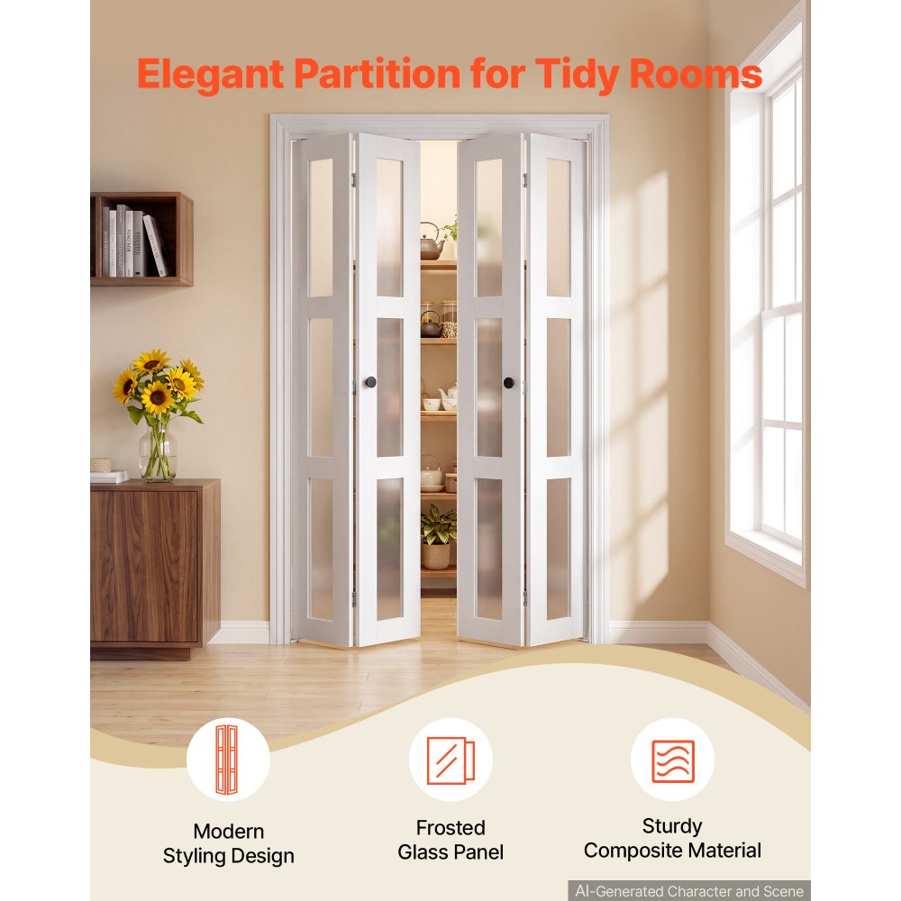 VEVOR Bifold Closet Door 4-Panel, 48" (Four 12") x 80", 3-Lite Frosted Glass Bifold Barn Door with Metal Hardware Kit & Sturdy Composite Frame, Modern Stylish & Space-Saving for Closets Bedrooms