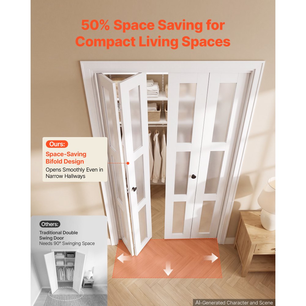 VEVOR Bifold Closet Door 4-Panel, 48" (Four 12") x 80", 3-Lite Frosted Glass Bifold Barn Door with Metal Hardware Kit & Sturdy Composite Frame, Modern Stylish & Space-Saving for Closets Bedrooms