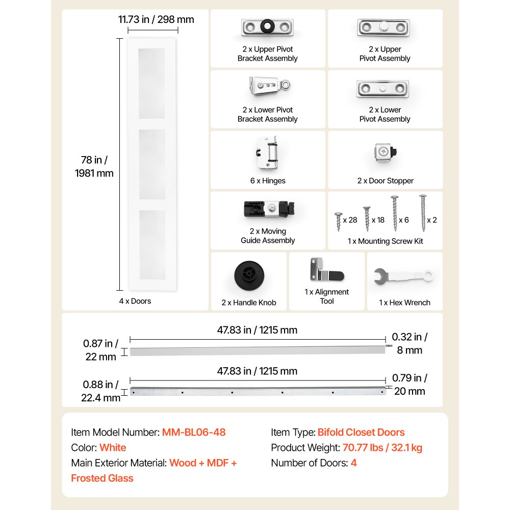 VEVOR Bifold Closet Door 4-Panel, 48" (Four 12") x 80", 3-Lite Frosted Glass Bifold Barn Door with Metal Hardware Kit & Sturdy Composite Frame, Modern Stylish & Space-Saving for Closets Bedrooms