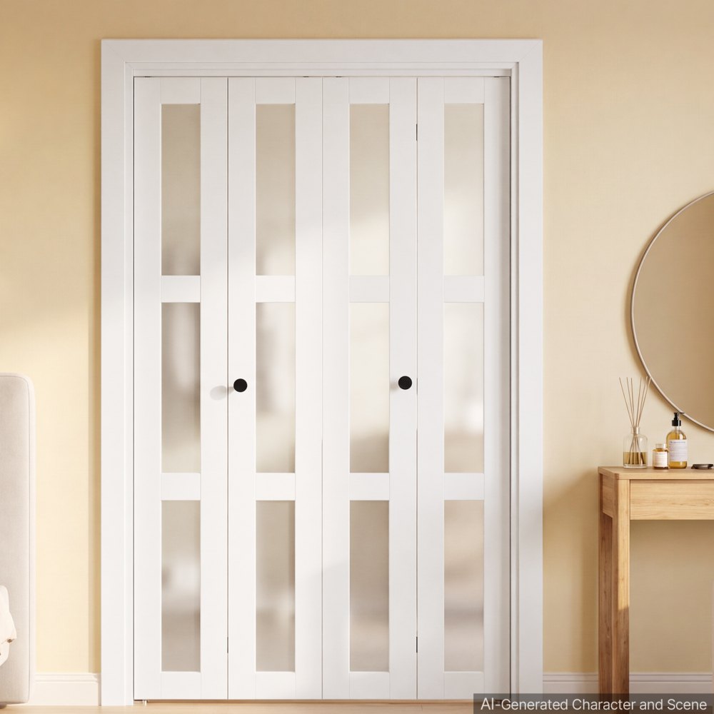 VEVOR Bifold Closet Door 4-Panel, 48" (Four 12") x 80", 3-Lite Frosted Glass Bifold Barn Door with Metal Hardware Kit & Sturdy Composite Frame, Modern Stylish & Space-Saving for Closets Bedrooms