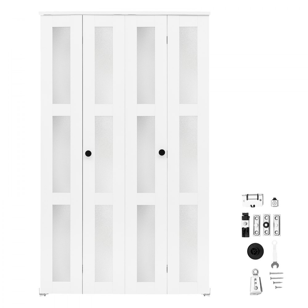 VEVOR Bifold Closet Door 4-Panel, 48" (Four 12") x 80", 3-Lite Frosted Glass Bifold Barn Door with Metal Hardware Kit & Sturdy Composite Frame, Modern Stylish & Space-Saving for Closets Bedrooms
