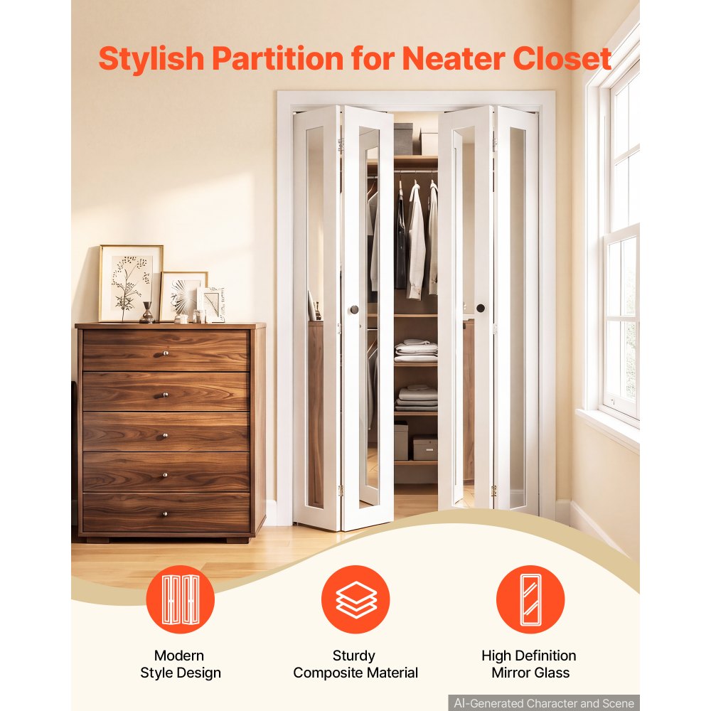 VEVOR Bifold Closet Door 4-Panel, 48" (Four 12") x 80", Full-Length Mirrored Bifold Barn Door with Metal Hardware Kit & Sturdy Composite Frame, Modern Stylish & Space-Saving for Closets Bedrooms