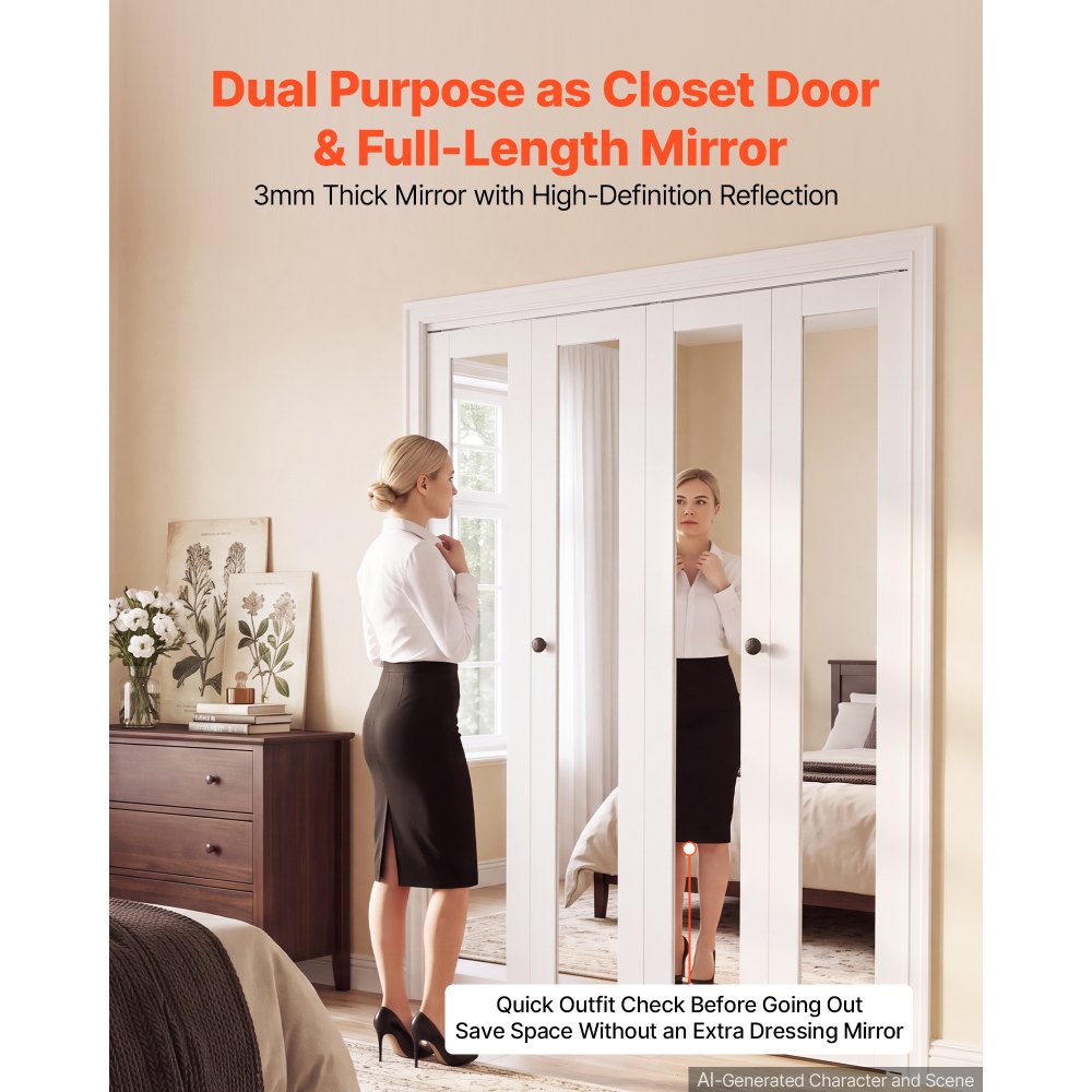 VEVOR Bifold Closet Door 4-Panel, 48" (Four 12") x 80", Full-Length Mirrored Bifold Barn Door with Metal Hardware Kit & Sturdy Composite Frame, Modern Stylish & Space-Saving for Closets Bedrooms