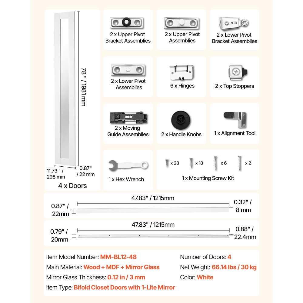 VEVOR Bifold Closet Door 4-Panel, 48" (Four 12") x 80", Full-Length Mirrored Bifold Barn Door with Metal Hardware Kit & Sturdy Composite Frame, Modern Stylish & Space-Saving for Closets Bedrooms