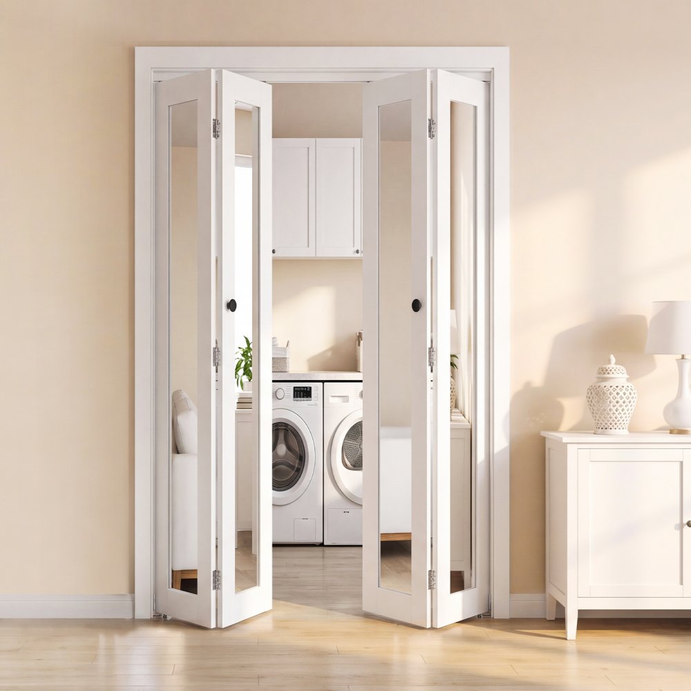 VEVOR Bifold Closet Door 4-Panel, 48" (Four 12") x 80", Full-Length Mirrored Bifold Barn Door with Metal Hardware Kit & Sturdy Composite Frame, Modern Stylish & Space-Saving for Closets Bedrooms