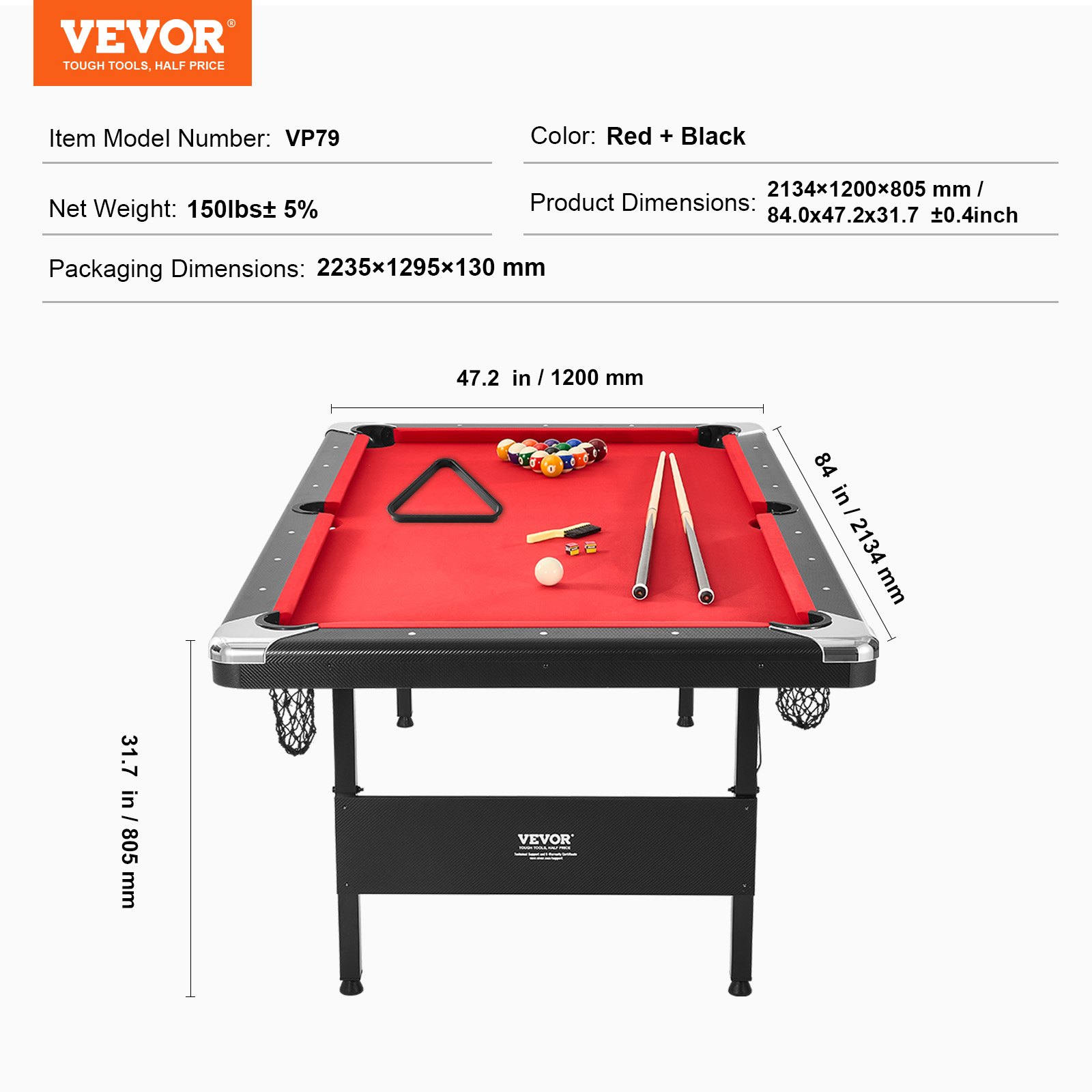 VEVOR Billiards Table, 213 cm Pool Table, Portable Foldable Space-Saving Table, Billiard Table Set Includes Balls, Cues, Chalks and Brush, Black with Red Cloth, Perfect for Family Game Room Kids Adults