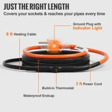 VEVOR Self-Regulating Pipe Heating Cable, 9FT 5W/FT Heat Tape for Pipes Freeze Protection, Water Pipe Heat Cable with Built-in Thermostat Protects PVC Hose, Metal and Plastic Pipe from Freezing