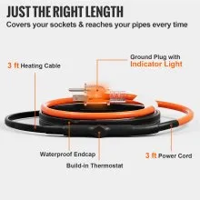 VEVOR Self-Regulating Pipe Heating Cable, 3FT 5W/FT Heat Tape for Pipes Freeze Protection, Water Pipe Heat Cable with Built-in Thermostat Protects PVC Hose, Metal and Plastic Pipe from Freezing