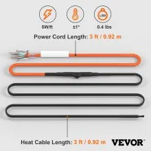VEVOR Self-Regulating Pipe Heating Cable, 3FT 5W/FT Heat Tape for Pipes Freeze Protection, Water Pipe Heat Cable with Built-in Thermostat Protects PVC Hose, Metal and Plastic Pipe from Freezing