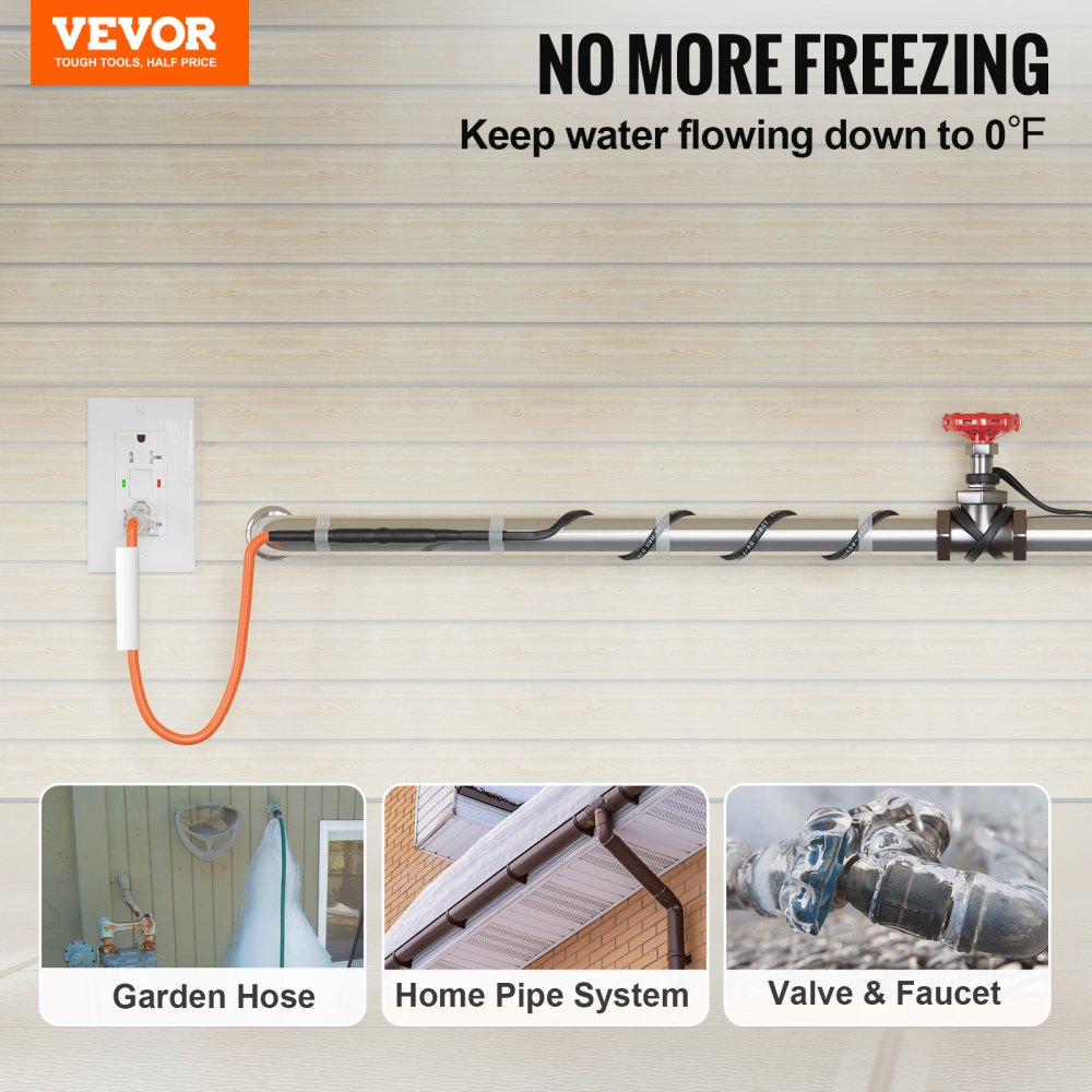 VEVOR Self-Regulating Pipe Heating Cable, 12FT 5W/FT Heat Tape for Pipes Freeze Protection, Water Pipe Heat Cable with Built-in Thermostat Protects PVC Hose, Metal and Plastic Pipe from Freezing