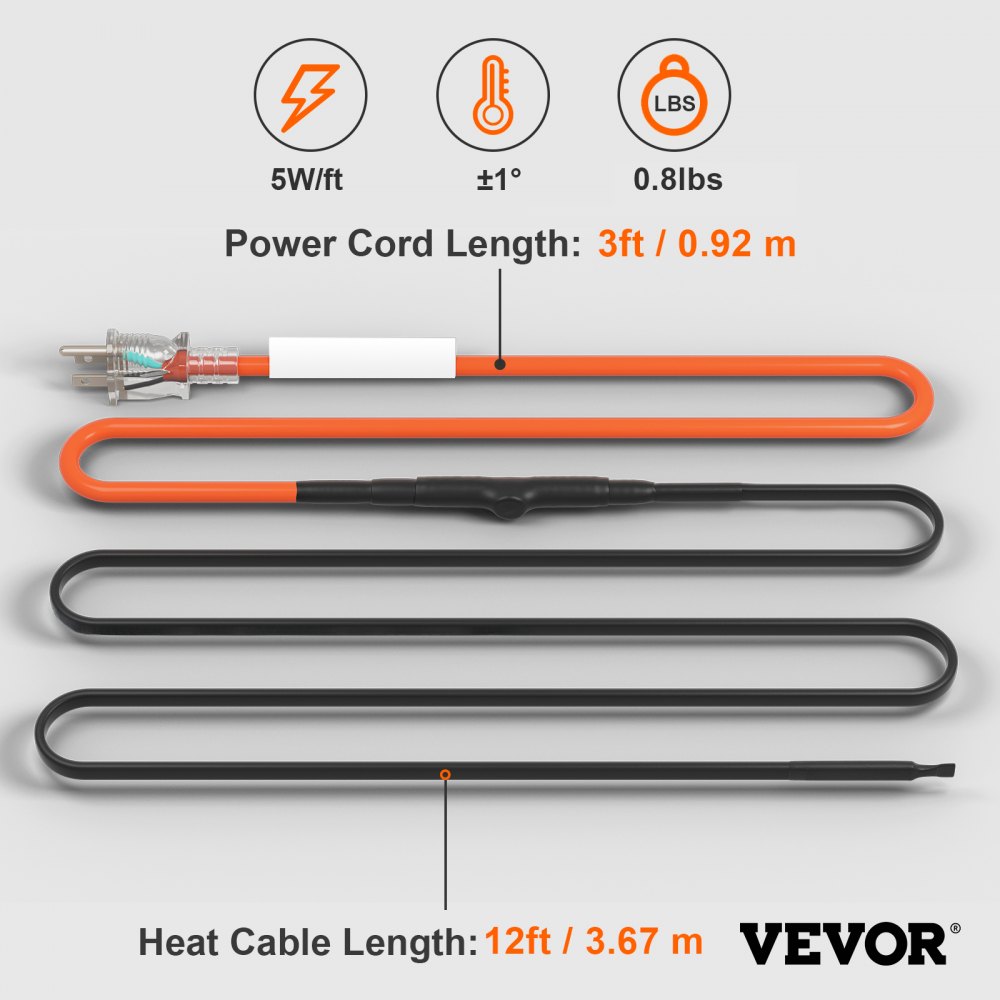 VEVOR Self-Regulating Pipe Heating Cable, 12FT 5W/FT Heat Tape for Pipes Freeze Protection, Water Pipe Heat Cable with Built-in Thermostat Protects PVC Hose, Metal and Plastic Pipe from Freezing