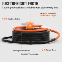 Self-Regulating Pipe Heating Cable 12FT 5W/FT Heat Tape with Thermostat