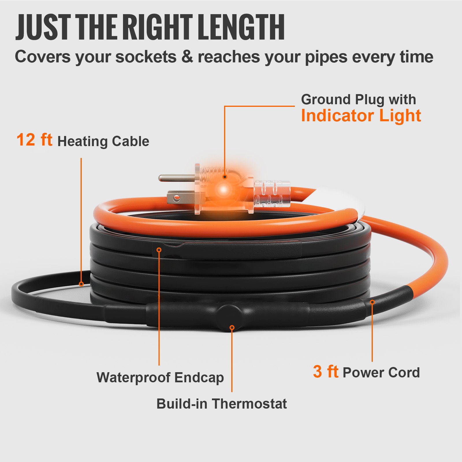 VEVOR Self-Regulating Pipe Heating Cable, 12FT 5W/FT Heat Tape for Pipes Freeze Protection, Water Pipe Heat Cable with Built-in Thermostat Protects PVC Hose, Metal and Plastic Pipe from Freezing