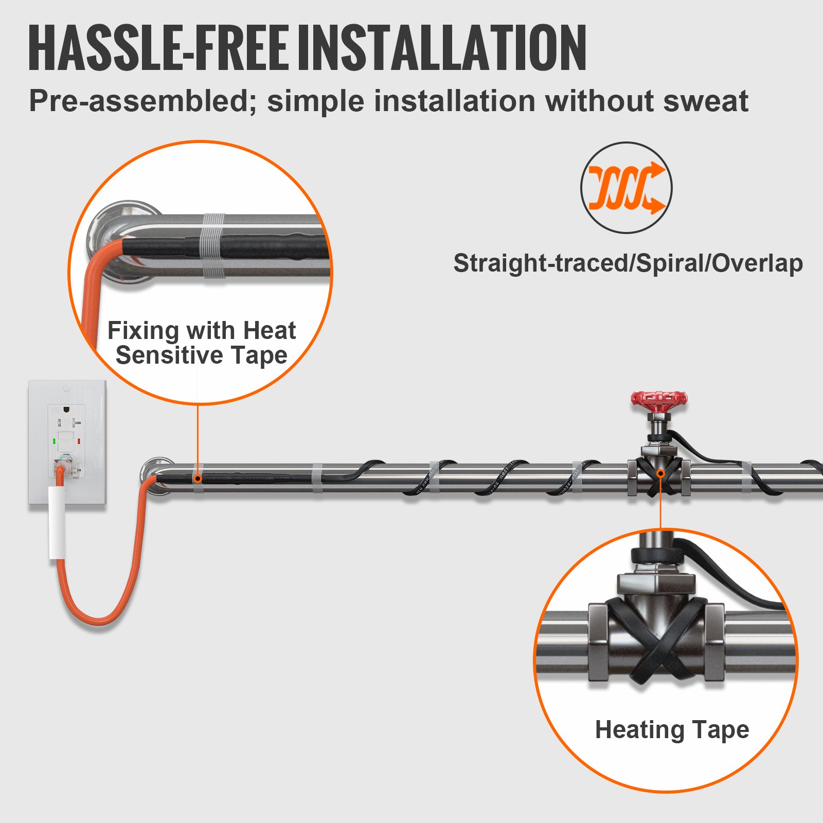VEVOR Self-Regulating Pipe Heating Cable, 12FT 5W/FT Heat Tape for Pipes Freeze Protection, Water Pipe Heat Cable with Built-in Thermostat Protects PVC Hose, Metal and Plastic Pipe from Freezing